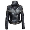 Women's Genuine Leather Studded Punk Rivet Zipper Slim Fit Winter Style Cropped Jacket